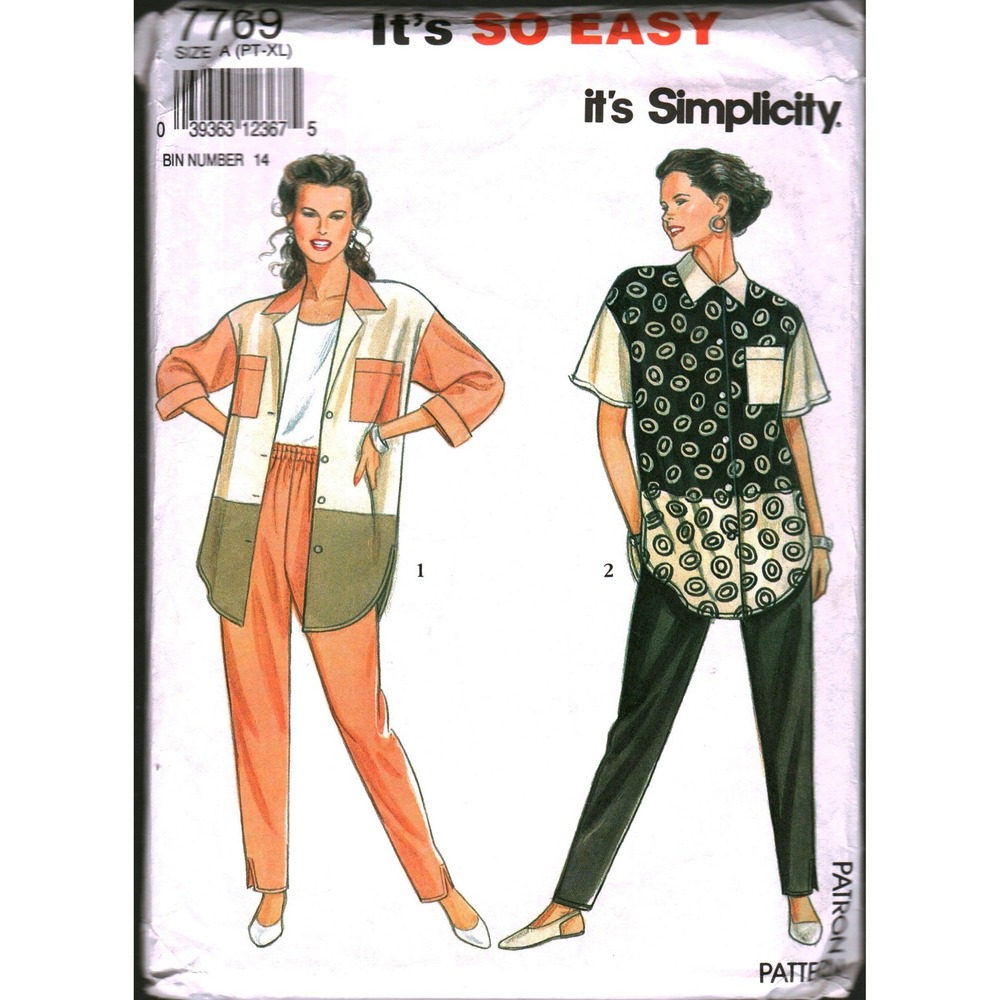 Simplicity 7769 Sewing Pattern Misses Shirt and Pants Size A PT-L cut 1990s‎